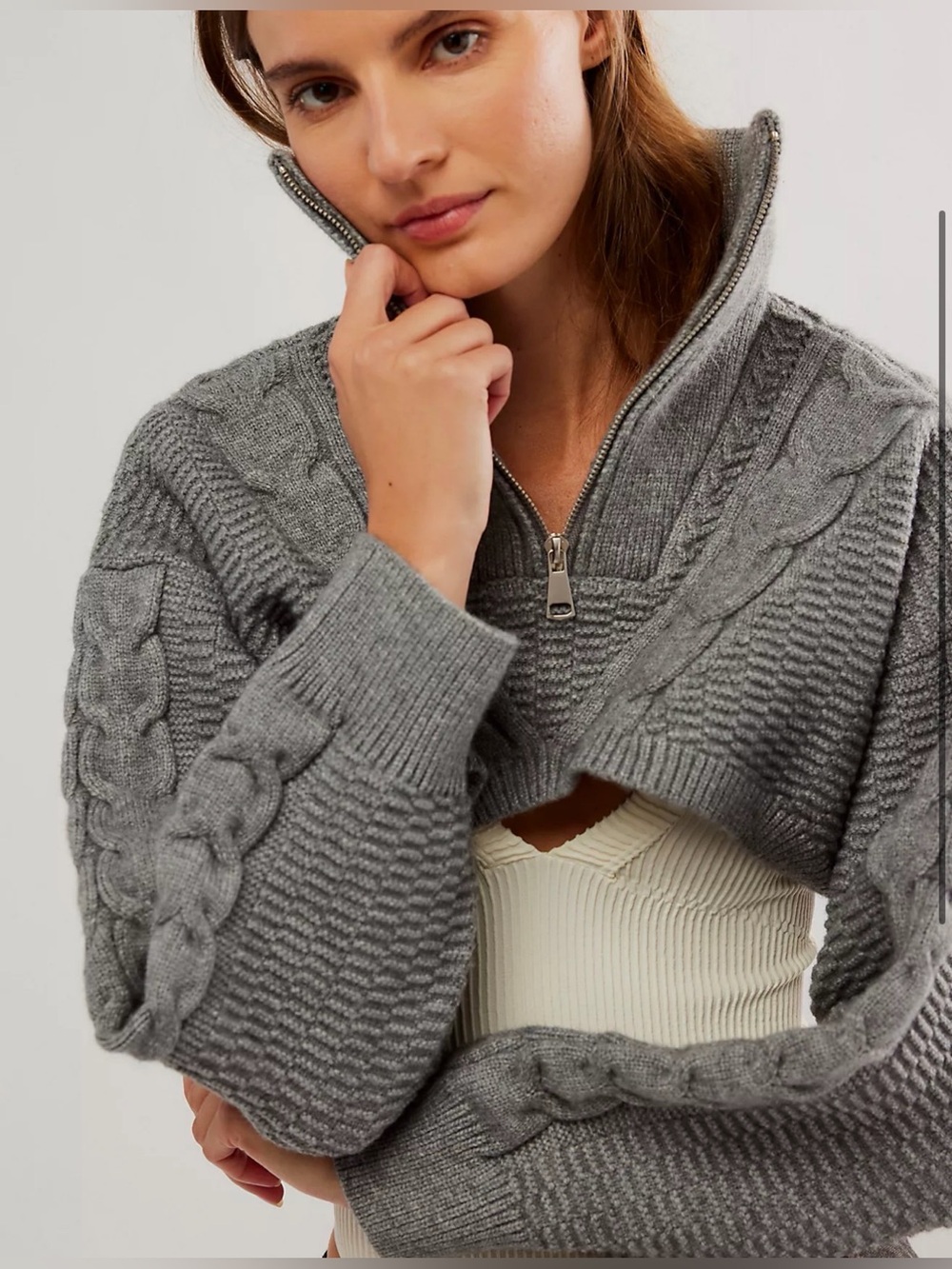 Free People Quarter Zip Cable Bolero gray cable knit cropped sweater S